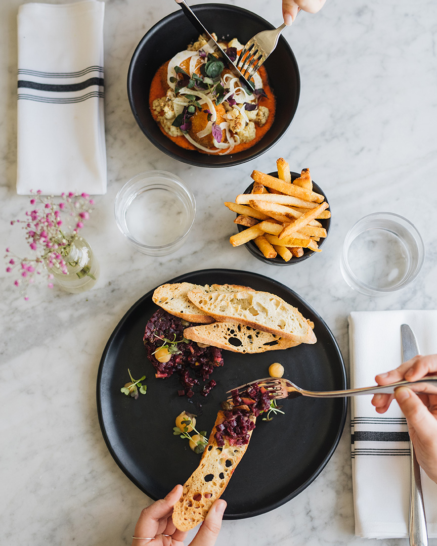 fries, beet tartar and arancini